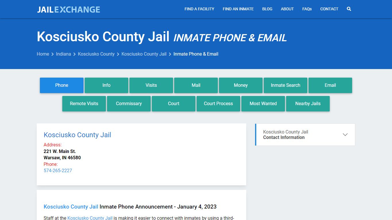 Inmate Phone - Kosciusko County Jail, IN - Jail Exchange